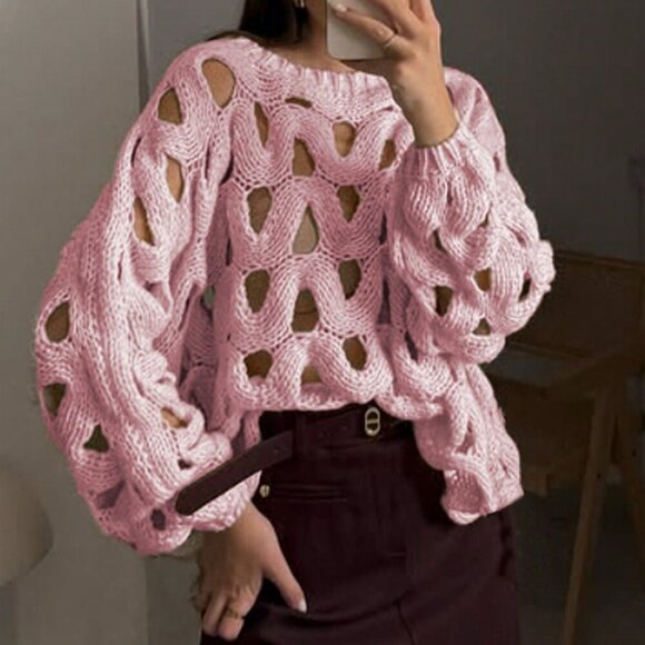 Pink Casual Women's Skeleton Weave Long Sleeve Cowl Sweater Pullover - Picture 6 of 11